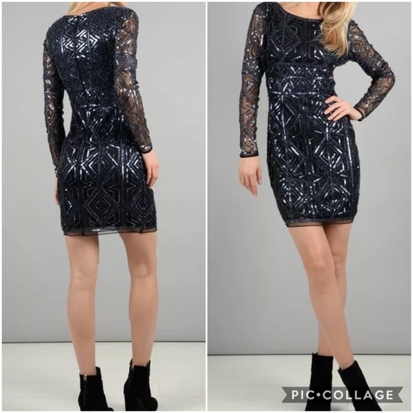 MOLLY BRACKEN SHEER LONG SLEEVE SEQUIN MINI DRESS - Picture 4 of 7
